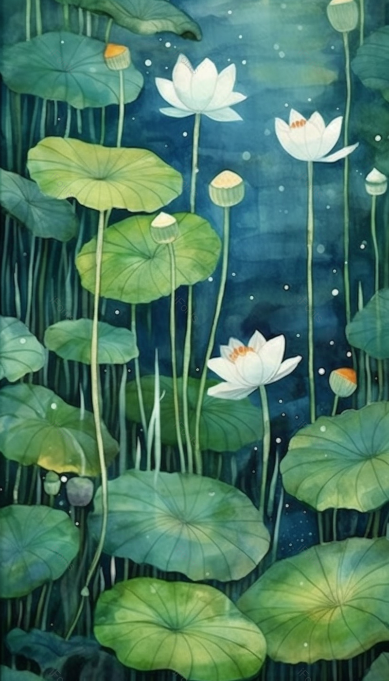 绿色夏日荷花盛开工笔画插画背景,插画/手绘图,插画/手绘图库,插画/手绘图下载,插画/手绘